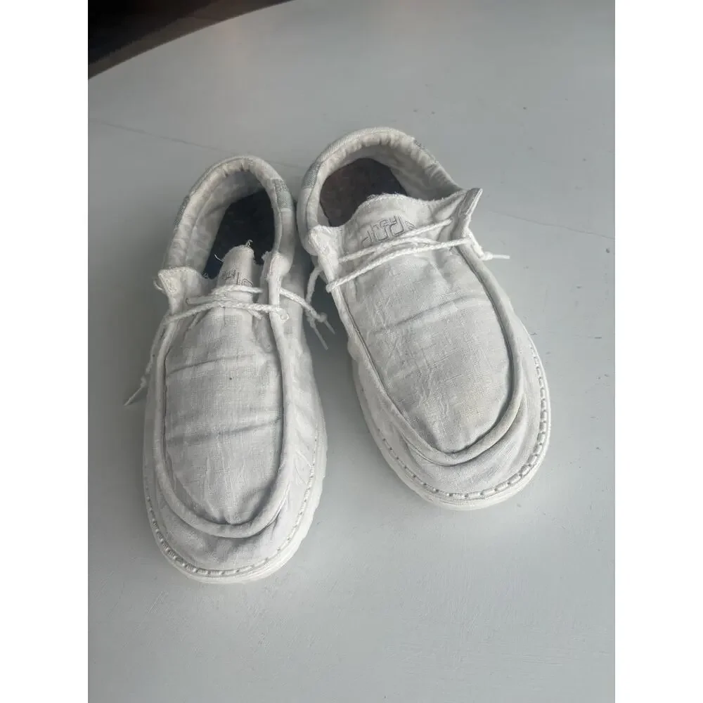 Hey Dude Mens Wally Linen Casual Lightweight Slip On Shoes Size 12 Natural White